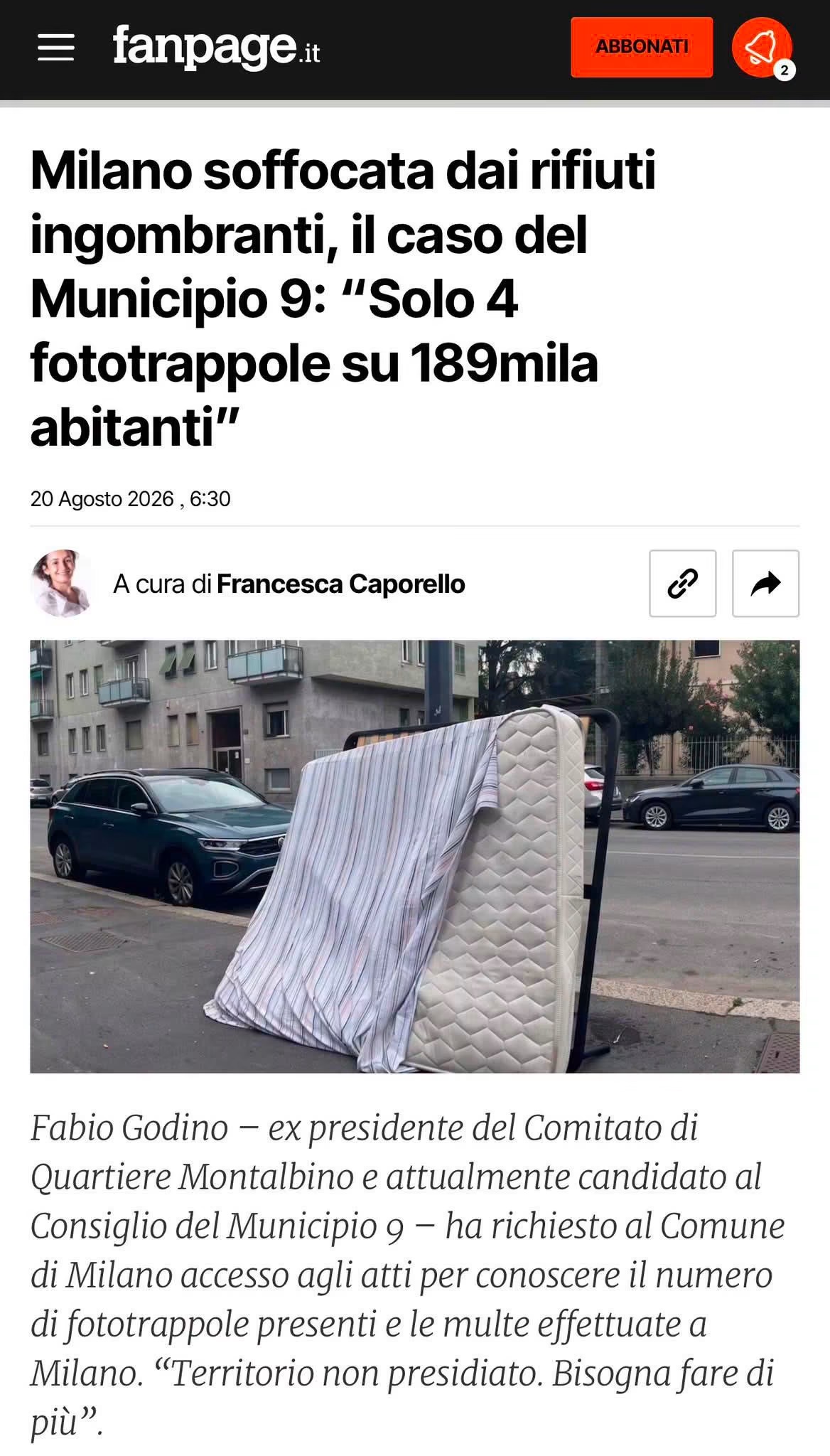 Articolo di Fanpage.it sul caso delle fototrappole nel Municipio 9 di Milano, con un materasso abbandonato sul marciapiede